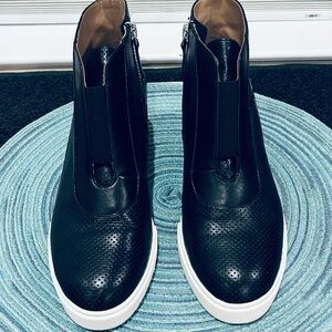 Black Perforated Leather Ankle Booties with White Sole